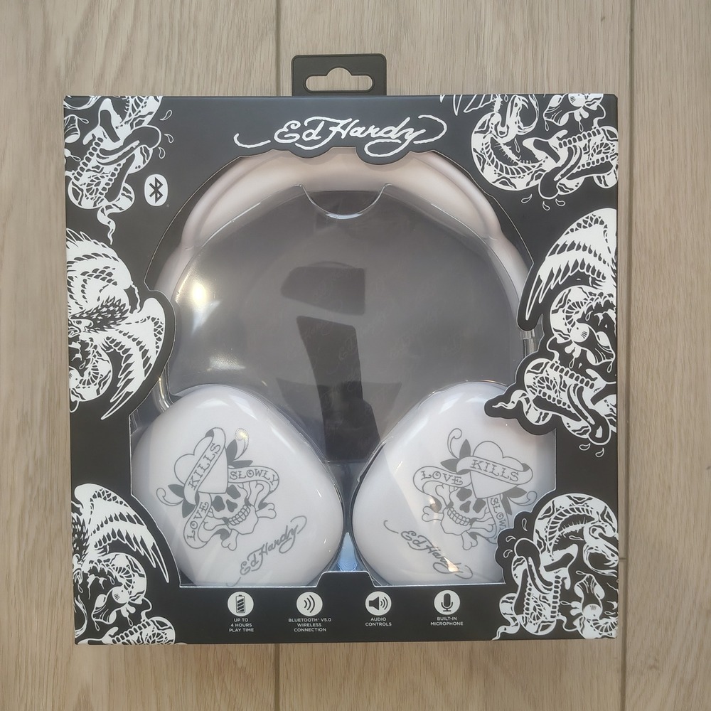Ed‎ Hardy Wireless Headphones White Love Kills Slowly Tattoo Bluetooth v5.0 New